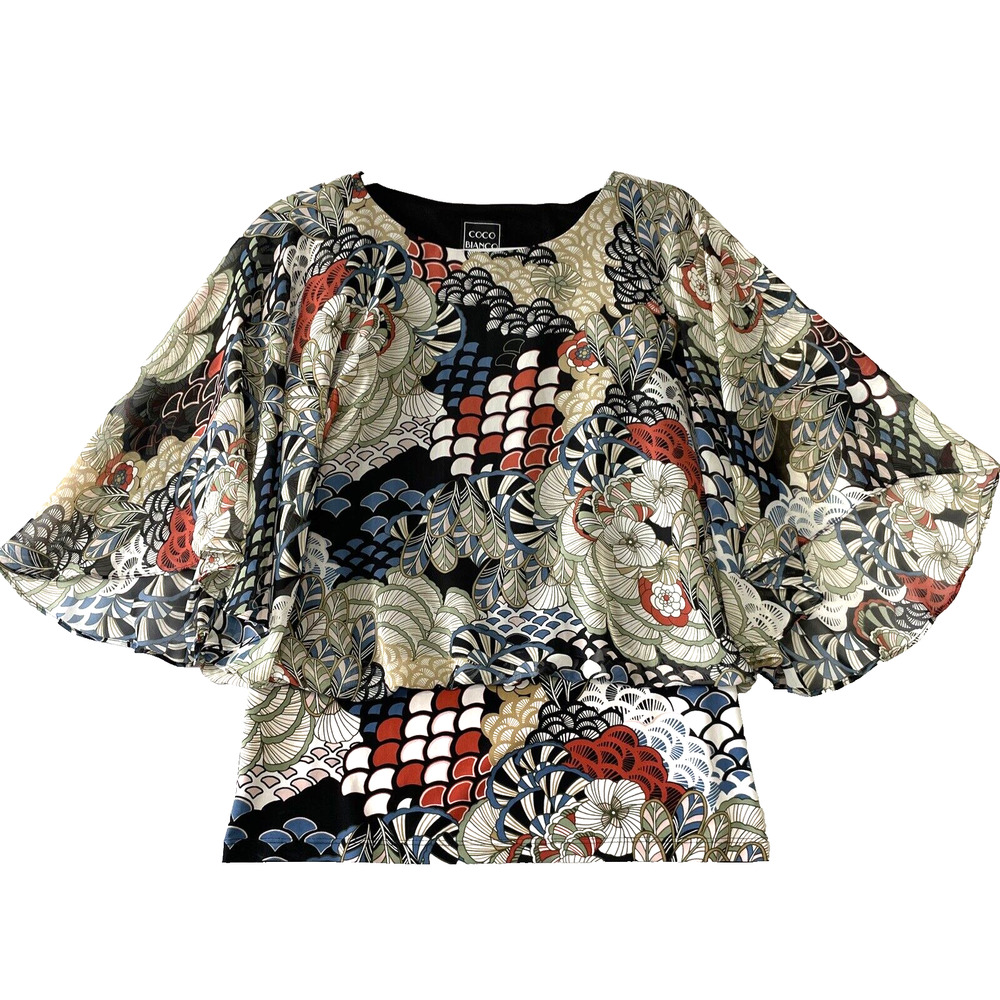 Coco Bianco Womens S Multi Floral Flutter Sleeve Fitted Waist Top Pullover Lined